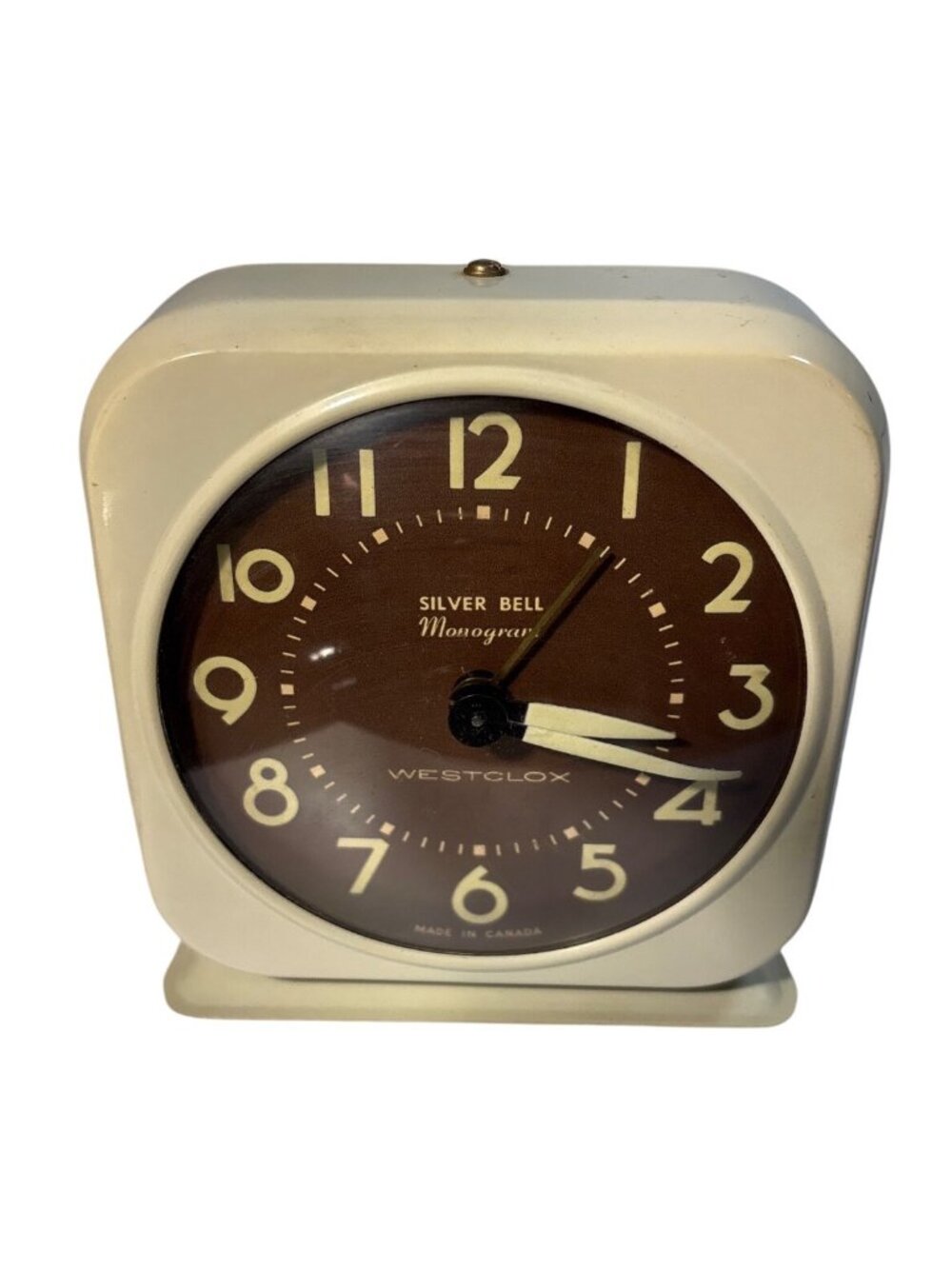 Westclox Silver Bell Monogram Alarm Clock Wind Up Cream & Brown Vintage Canada
